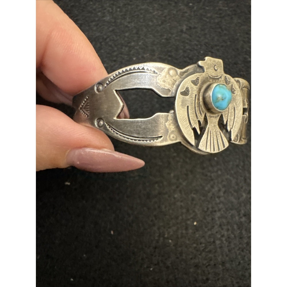 OLD FRED HARVEY era Navajo THUNDERBIRD Turquoise Sterling Bracelet - Picture 3 of 10
